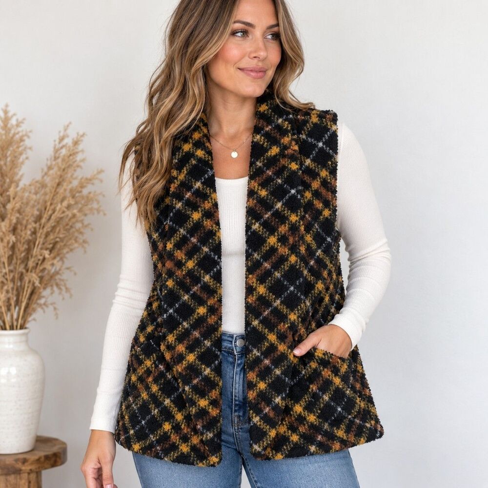 Harlow & Rose Womens L Faux Sherpa Plaid Vest Black Mustard Open Front Cozy